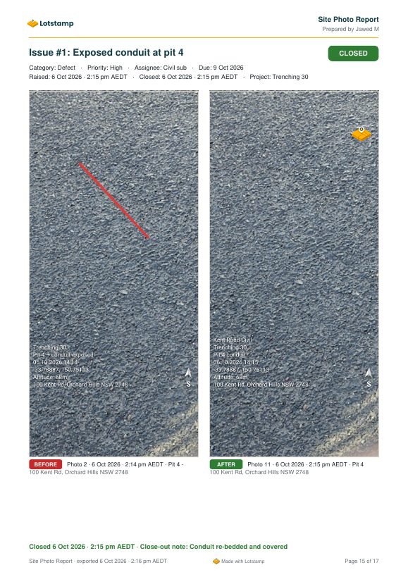 Lotstamp PDF report page showing a defect before and after